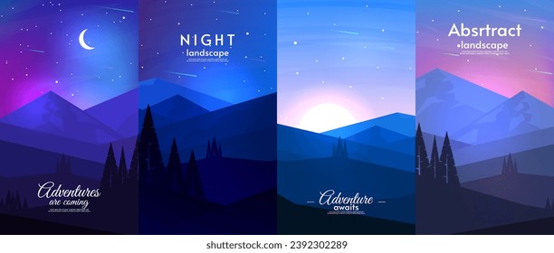 Night landscape. Mountains with hills and trees. Starry sky with comets. Set of posters. Design for brochure, invitation, poster.