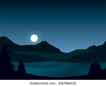 Night landscape of mountains and lake with pine forest. vector nature illustration