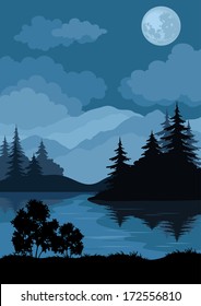 Night landscape: mountains lake, trees and moon. Element of this image furnished by NASA (www.visibleearth.nasa.gov). Vector