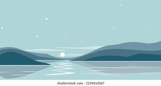 Paisaje nocturno con montañas y lago. Ilustración vectorial al estilo minimalista.