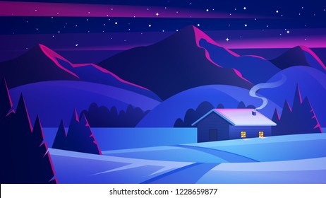 Night landscape with mountains and a lonely hut. Christmas eve Landscape. House in winter forest. Vector of winter landscape.