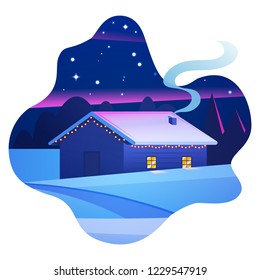 Night landscape with mountains and a lonely hut. Christmas eve Landscape. House in winter forest. Vector of winter landscape.