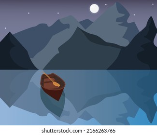 Night landscape with mountains, moon and stars. Boat on the sea. Wild nature illustration. Vector with wooden boat