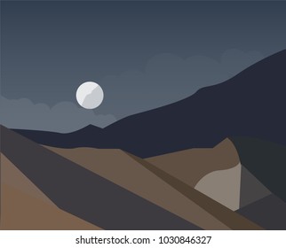 night landscape of mountains with moon, vector