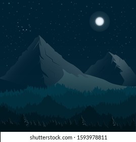 Night landscape mountains moonlight forest