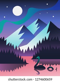 Night landscape with mountains and Nessie (Loch Ness Monster). Scottish mystery landscape. Vector background illustration