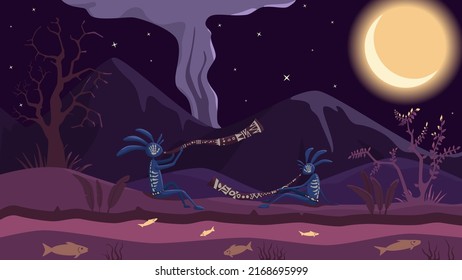 A Night Landscape With Mountains And A River, On The Shore Two Creatures Play The Didgeridoo Under The Moonlight