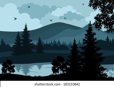 Night landscape, mountains, river, trees and birds, silhouettes. Vector