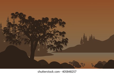 Night Landscape, Mountains, River and Trees Silhouettes with brown backgrounds