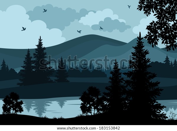 Night Landscape Mountains River Trees Birds Stock Vector (Royalty Free ...