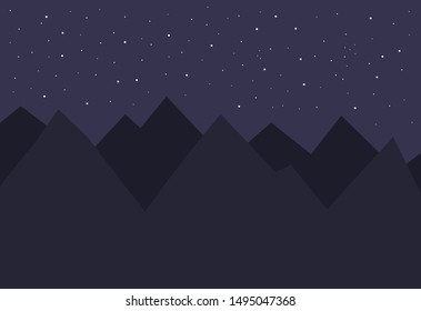 Night landscape of mountains with sky full of stars. Vector illustration.