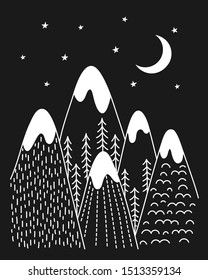 Night landscape of mountains, snow capped mountains, scandinavian style, hand drawn New Year card. Black and white vector illustration.