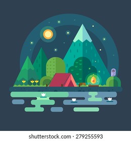 Night landscape in the mountains. Starry sky. Solitude in nature by river. Overnight in a tent. Hiking and camping. 
Vector flat illustration 