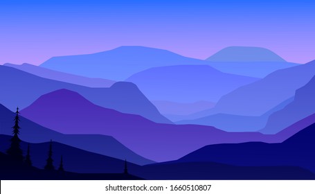 Night landscape with mountains. Vector illustration