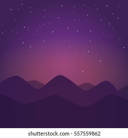 Night landscape with mountains. Vector illustration.