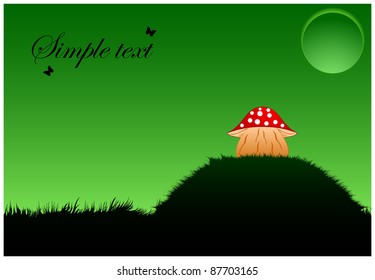 Night landscape with mushroom against a background of full moon