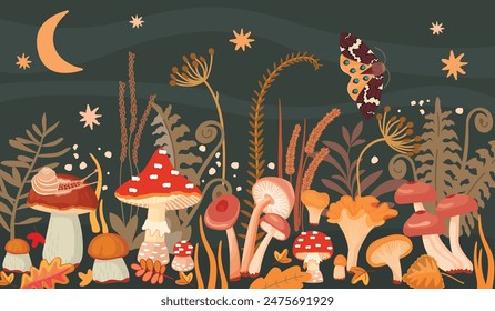 Night landscape with mushrooms, snail and flying moth.Colorful magical background with wild animal,plants,stars and moon.Autumn meadow with fallen leaves.Vector design for poster,banner,wallpaper.