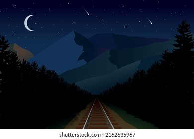 Night Landscape, nature, outdoor, rail, train, moon light, and moutains, dark, stars, trees, travel, forest, silhouette, vector illustration. 