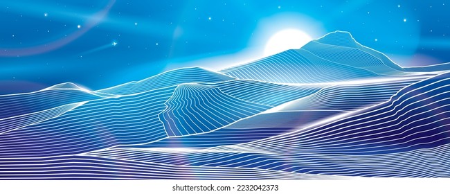 Night landscape. Neon glow illumination image. Path in mountains. Sand dunes. White outlines illustration. Vector design art 
