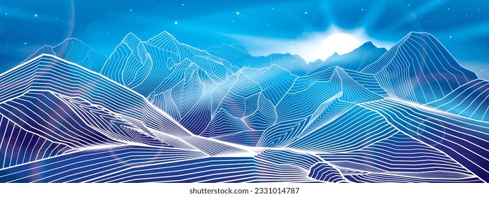 Night landscape. Neon glow illumination illustration. Himalayas. Amazing moonlight. Beautiful snow mountains. White outlines hills. Vector design art 