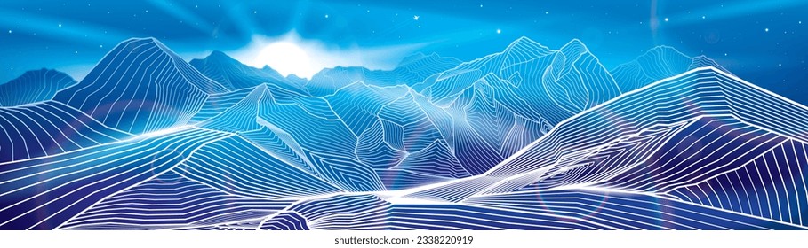 Night landscape. Neon glow illumination illustration. Himalayas. Amazing moonlight. Beautiful snow mountains. White outlines hills. Vector design art 