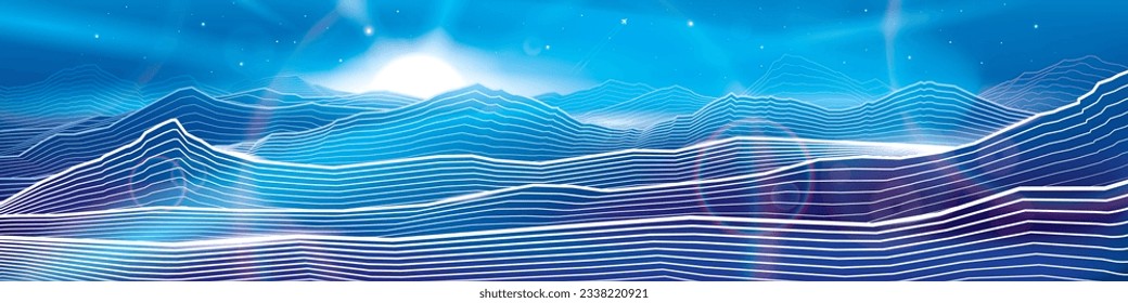 Night landscape. Neon glow illumination illustration. Himalayas. Amazing moonlight. Beautiful snow mountains. White outlines hills. Vector design art 