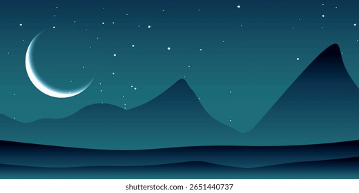Uma paisagem noturna com uma lua nova brilhando sobre um céu estrelado escuro. Silhuetas de montanhas e colinas são visíveis em primeiro plano. O ambiente é calmo e misterioso.
