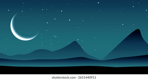 A night landscape with a new moon shining on a dark starry sky. Silhouettes of mountains and hills are visible in the foreground. The atmosphere is calm and mysterious.