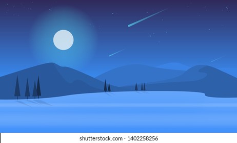 Night landscape. Outdoor view on the nature. Evening scene. Travel and tourism concept. Beautiful panorama with mountain and moon. Vector illustration in cartoon style