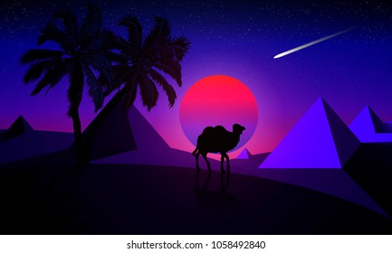 Night landscape of a palm tree and a camel on a background of desert