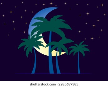 Night landscape with palm trees and crescent moon. Night sky with moon and stars, tropical palms. Summer time. Design for print, posters and banners. Vector illustration