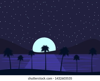 Night landscape with palm trees and the sea, moonlight on the water and the starry sky. Tropical paradise. Vector illustration