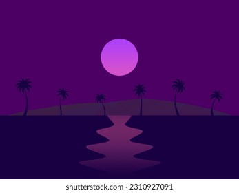Night landscape with palm trees and the sea. Lunar path on the water. Color gradient moon. Summer time. Design for banners, posters and promotional items. Vector illustration