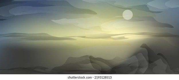 Night landscape. Panorama, mountains and sea view. Picturesque abstract banner. Minimal vector background, suitable for  booklets, web, brochures, flyers.