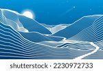 Night landscape. Path in the mountains. Outline illustration. Moon and stars. Vector design art