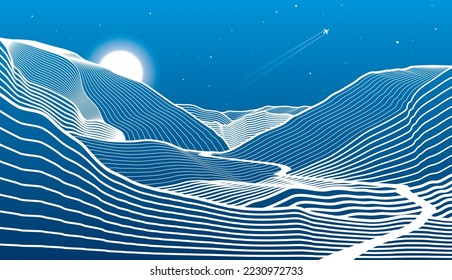 Night landscape. Path in the mountains. Outline illustration. Moon and stars. Vector design art