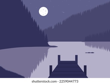 Night landscape with a pier and a lake. Vector illustration in flat style.