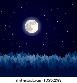 Paisagem noturna, paisagem pinhal com lua e estrelas. Ilustração vetorial.