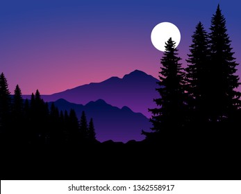 night landscape with pine forest and moon