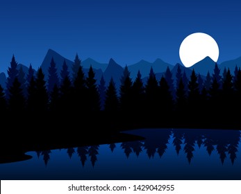 night landscape with pine forest and moon behind mountain