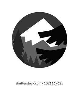 Night landscape of the pine forest and mountain with snowy peak. Abstract vector natural scene. Geometric round-shaped design. Flat vector illustration