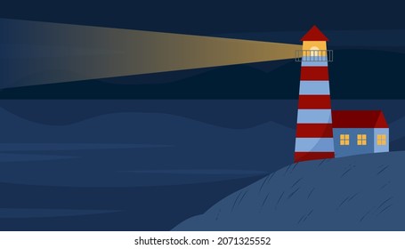 Night landscape with red lighthouse and sea in flat style. The lighthouse shines in the night. Scenery with sea and mountain. Vector illustration. 