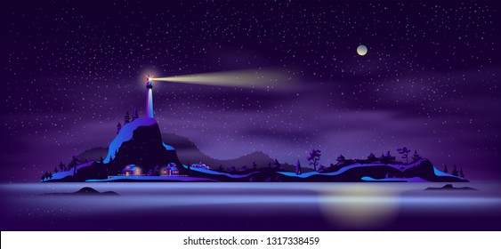 Night landscape of remote settlement on island in northern sea cartoon vector in neon colors with far glowing lights of cottage houses on snowy shore and working lighthouse on rocks illustration.
