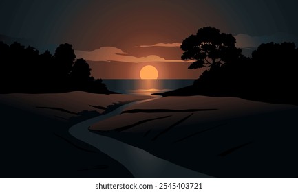 Night landscape with river toward the sea and rising full moon