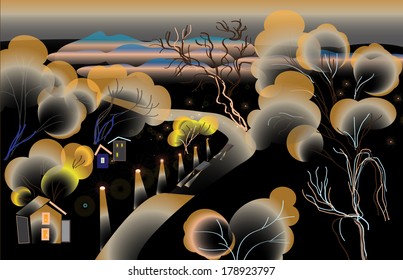 Night landscape, road between mountains