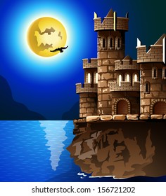 Night landscape. Rock, castle, moon and crows.