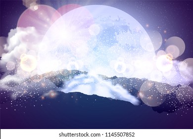 Night landscape with rock, clouds,moon. Magic Space - planets, stars, nebulae and galaxies, lights. With layers for parallax, weird mountains range for UI game. Vector illustration / Eps10