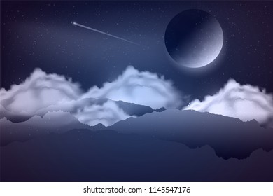 Night landscape with rock, clouds,moon. Magic Space - planets, stars, nebulae and galaxies, lights. With layers for parallax, weird mountains range for UI game. Vector illustration / Eps10