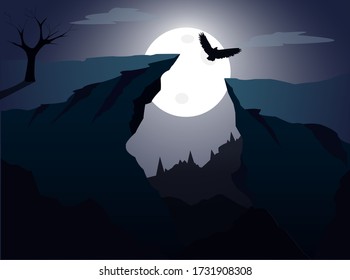 Night landscape, rocky mountains and big round moon on background.