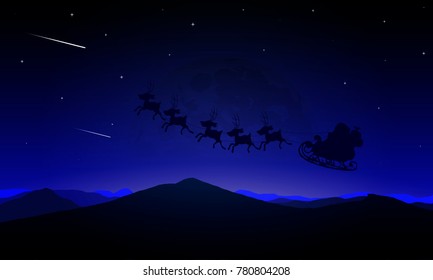 Night landscape of a Santa Claus flying over the moon